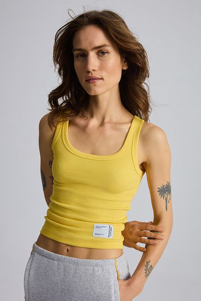 GRIMELANGE Eulalıa Women's Strap Label Detailed Organic Cotton Knitted Pool Collar Mustard Athlete