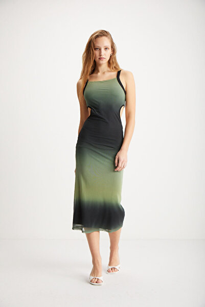 GRIMELANGE Nuala Women's Tulle Mesh Fabric Lined Side Cutout Gradient Print Black - Green Dress