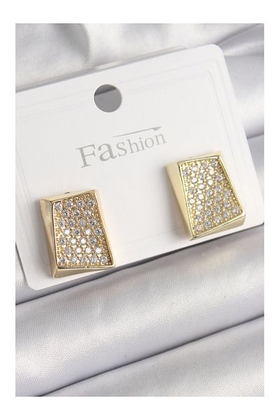 TREND Brass Gold Color Zircon Stone Plate Model Women's Earrings