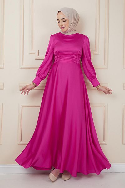 Olcay Večerní šaty s plisovaným pasem a detailním páskem Fuchsia 1595