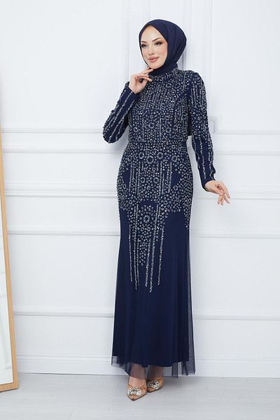 Olcay Tylový hidžáb s korálky a drahokamy večerní šaty NAVY BLUE 1663