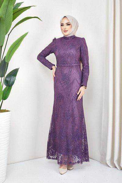 Olcay Βραδινό φόρεμα Hijab με γκλίτερ και παγιέτες ΜΩΒ 1644