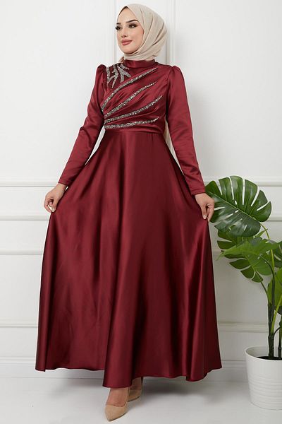 Olcay Rochie de seară din satin cu volan și detaliu din piatră pe față Roșu Claret 1596