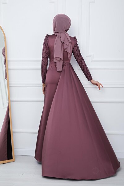 Olcay Μανίκια και μπροστινή παγιέτα σιφόν λεπτομερής φούστα με σατέν βραδινό φόρεμα DRY ROSE 1210