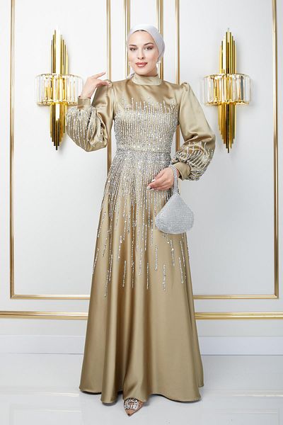 Olcay Βραδινό φόρεμα Yag Green Satin Hijab - Λαιμός ζωγραφισμένος με πέτρινο μπιζέλι, μοντέλο 1670