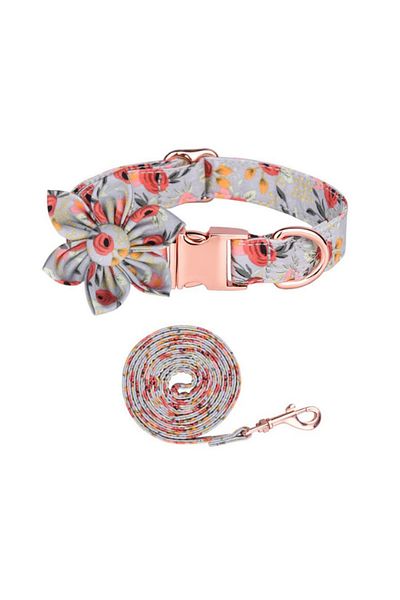 PAKEWAY 2 Pieces Floral Design Dog Collar and Strap - Walking Set