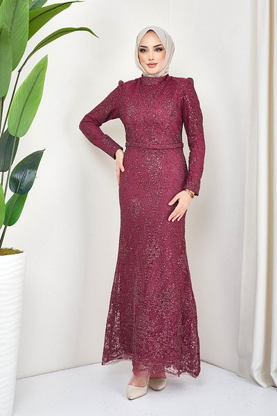 Olcay Glitzer- und Pailletten-Erbsen-Hijab-Abendkleid Weinrot 1644