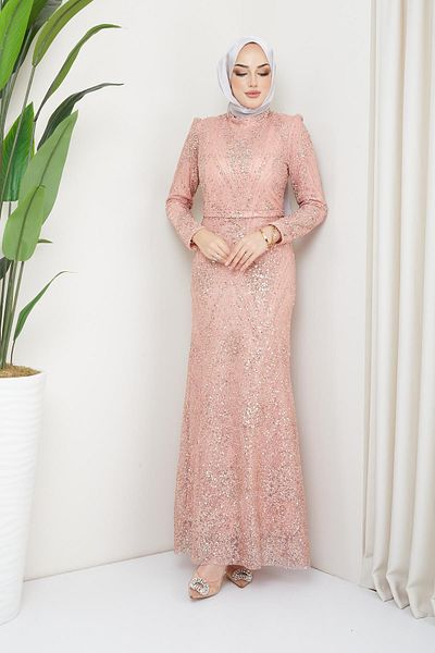 Olcay Rochie de seară Hijab cu sclipici și paiete SALMON 1644