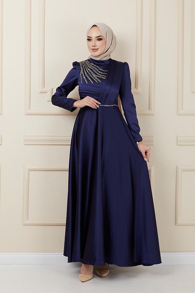 Olcay Saténové večerní šaty se záhybem a korálkovým detailem vpředu, NAVY BLUE 1624