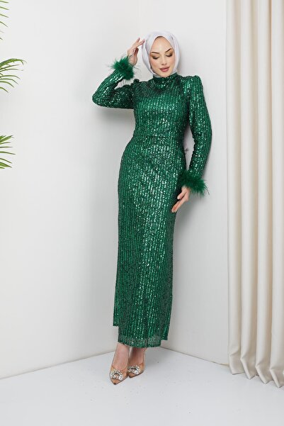 Olcay Βραδινό φόρεμα από τούλι με πούπουλα μανίκι ΠΡΑΣΙΝΟ 1207