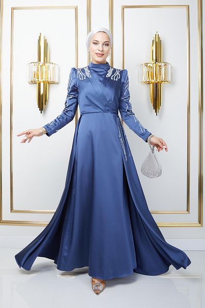 Olcay Satin-Abendkleid – Pailletten- und Steindetail, K. INDIGO 1660