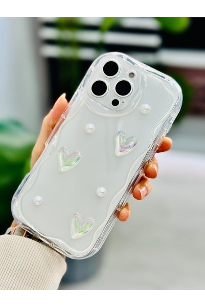 Go Aksesuar iPhone 16 Promax 3D Pearl Transparent Heart Design Silicone Case with Toy