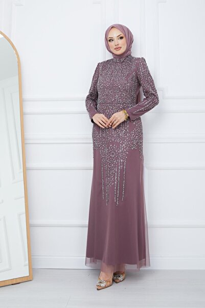 Olcay فستان سهرة حجاب من التول مزين بالخرز والأحجار، DRIED ROSE 1663