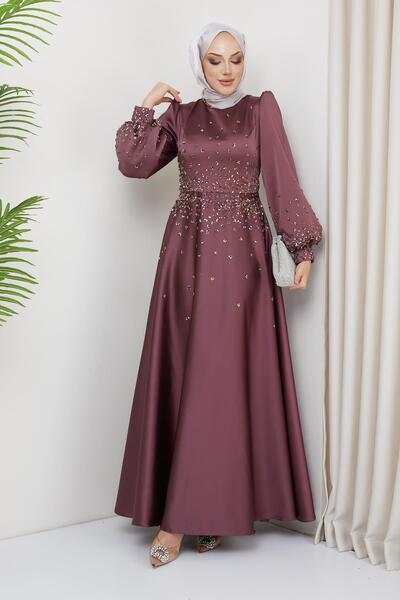 Olcay Σατέν βραδινό φόρεμα με λεπτομέρεια από πέτρα στο μπροστινό μέρος και στα μανίκια αποξηραμένο ROSE 1658