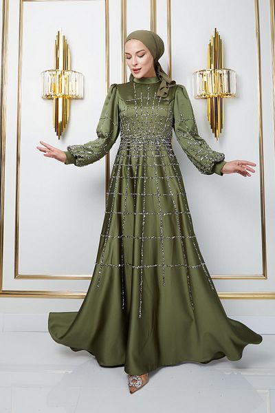 Olcay Rochie de seară musulmană din satin verde deschis - Detaliu cu piatră și paiete, Flared Fit 1675
