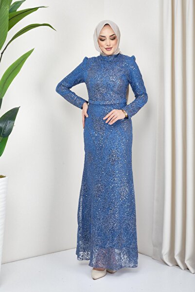 Olcay Βραδινό φόρεμα με μανίκια και παγιέτες, μετρικό φόρεμα PETROL 1644