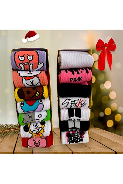 çorapdunyam Опакована серия от 14 весели колежански тенис чорапи Black Ping, Bts, Exo, Stray Kids