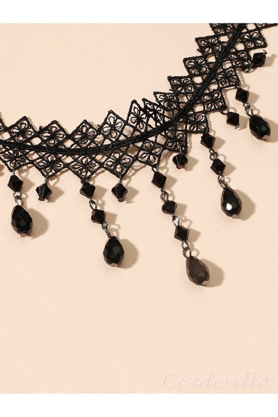 Cinderella Siyah Kristal Taşlı Çiçekli Dantel Kolye - Chokers Vintage Stil Kadın Gotik Kolye
