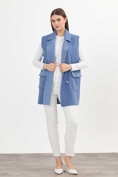 Rays Blue Boucle Vest - 3016A with Button Detail