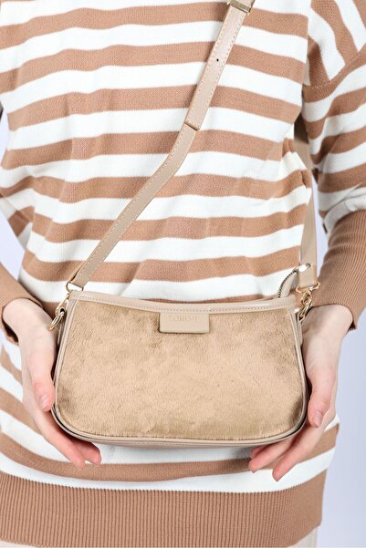 torime Peluş Baget Kadın Vizon Çanta - Çapraz Kullanım, Fermuarlı ve Astarlı