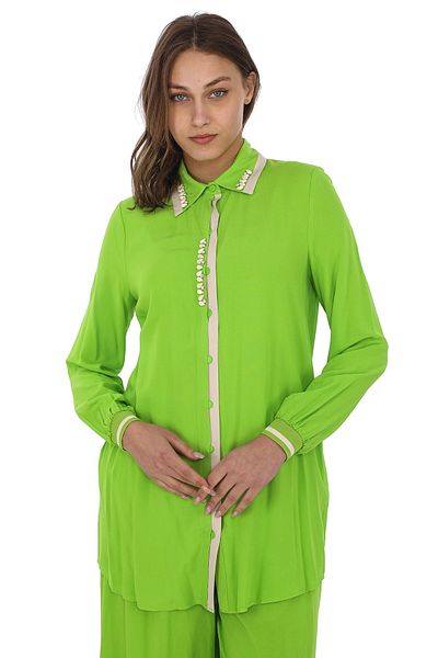 lodmela Pistachio Green Double Tunic Set - Collar Bead Embroidered 02