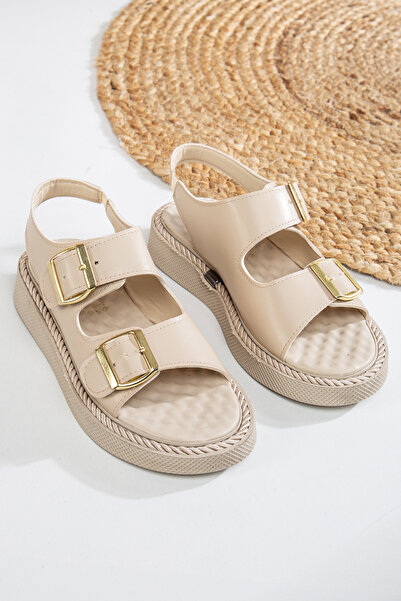 Mc vay Shoes Sandale elegante pentru femei, cu piele bej, cu elastic, cu cata...