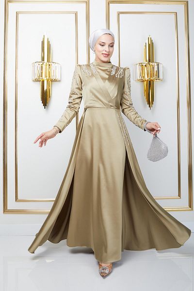 Olcay ÖLGRÜNES Satin-Abendkleid mit Pailletten- und Steindetail, Modell 1660