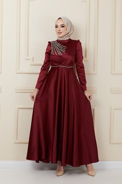 Olcay Rochie de seara din satin cu pliuri si margele pe fata Rosu Claret 1624