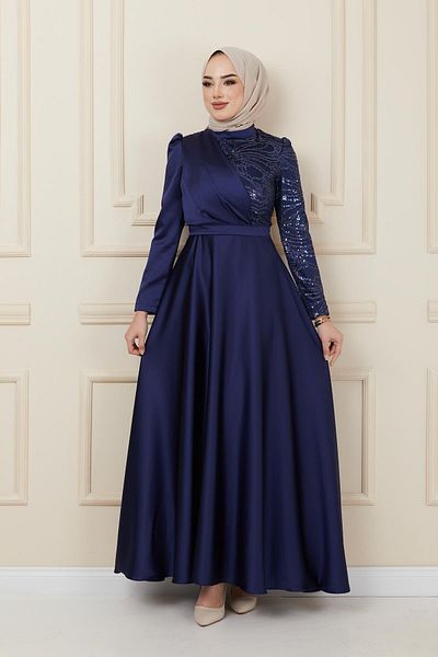 Olcay Saténové večerní šaty se setrvačníkem a detailem flitrů, NAVY BLUE 1626