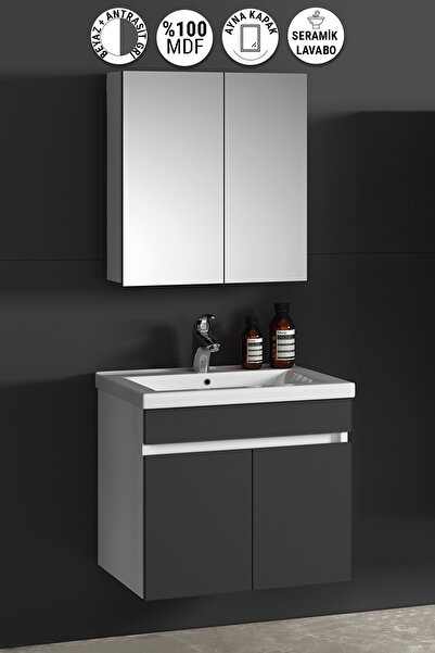 ÖZCEDEN Çiğdem 65 cm Beyaz-Antrasit Gri Mat MDF Seramik Lavabolu Asma Banyo D...