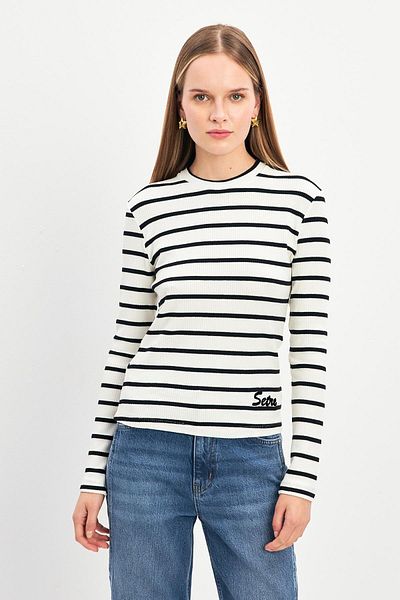 Setre Long Sleeve Ecru-black Striped Blouse