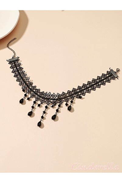 Cinderella Siyah Kristal Taşlı Çiçekli Dantel Kolye - Chokers Vintage Stil Kadın Gotik Kolye