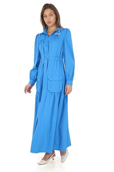 lodmela Rochie albastră din bumbac - flori pe umăr, detaliu cravată, snap 2709