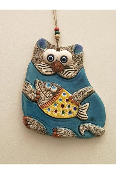 SUME Seramik Balık Tutan Kedi Desenli Dekoratif El Işi Duvar Süsü