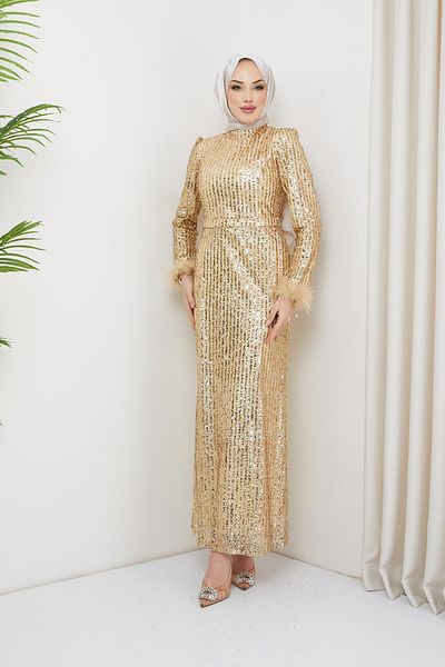 Olcay Rochie de seară din tul cu mâneci cu paiete și pene auriu 1207