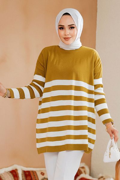 Neva Style Pulover tunică cu dungi cu dungi verde ulei - 5325YY