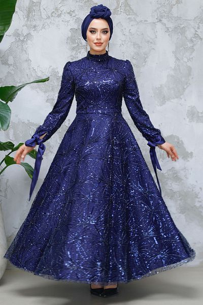Neva Style Sequin Bead Embroidered Navy Blue Hijab Evening Dress 4908L