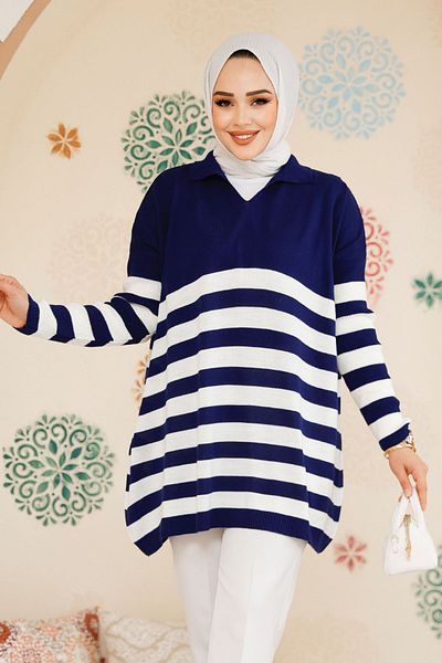 Neva Style Dună în dungi bleumarin tricotaj musulman Pulover Tunica 53401L