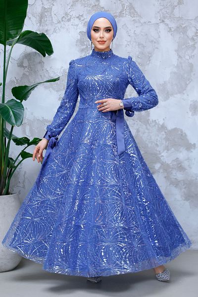 Neva Style - Sequin Bead Embroidered Indigo Blue Hijab Evening Dress 4908ım