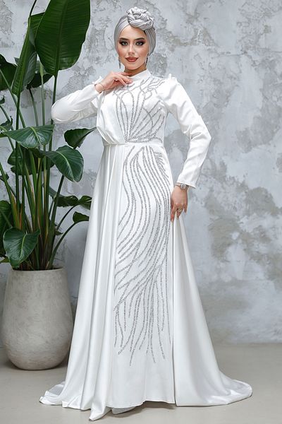 Neva Style فستان سهرة من الساتان الحجاب Ecru مع ذيل 4303e