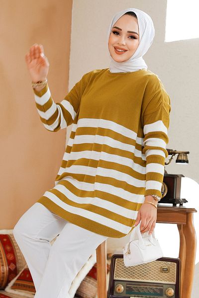 Neva Style Pulover tunică cu dungi cu dungi verde ulei - 5325YY