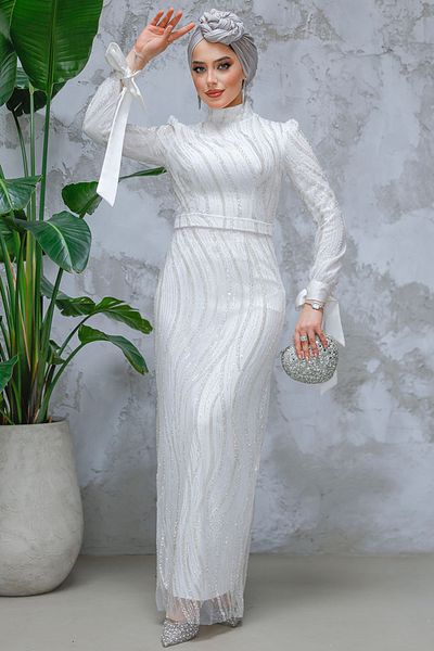 Neva Style - Rochie de seară hijab albă brodata cu mărgele paiete 4764b