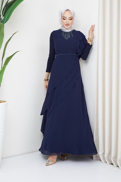 Olcay Abendkleid aus Chiffon mit Hijab und Perlenverzierung, Marineblau, 1652