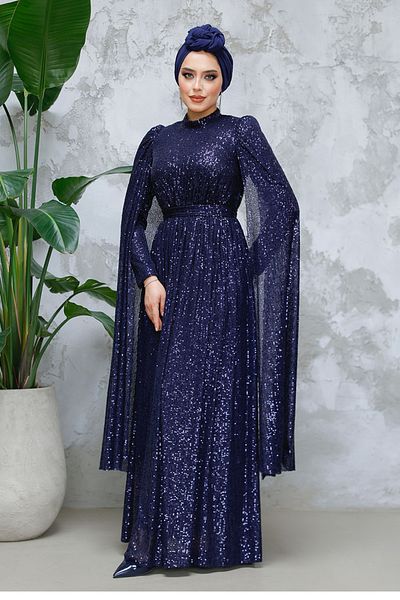 Neva Style Cape Detailed Navy Blue Sequined Hijab Evening Dress 47551L