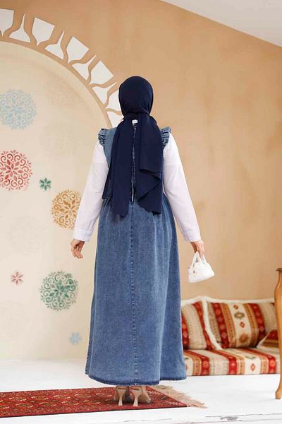Neva Style Σκούρο Μπλε Μουσουλμανικό Φόρεμα Gilet - Τζιν 19134KM