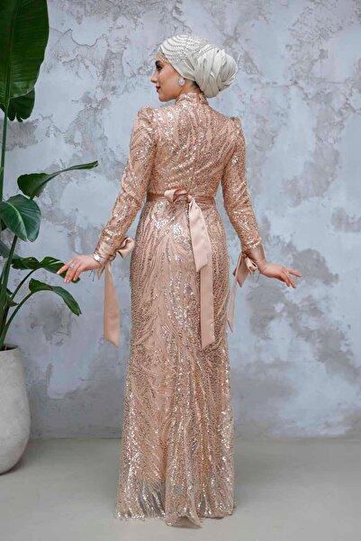 Neva Style Beaded Salmon Hijab Evening Dress 47631Smn