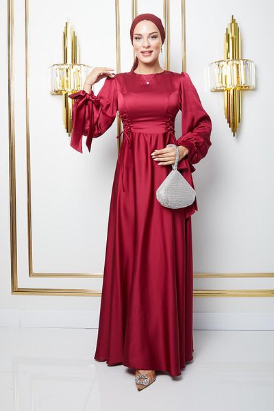 Olcay Rochie de seară Hijab Bordeaux - Detaliu din dantelă, mânecă legată la gură, evazată 1673