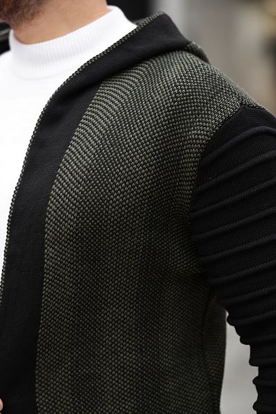 Valiberta Men's Khaki Sleeves Patterned Hooded Poncho Cardigan