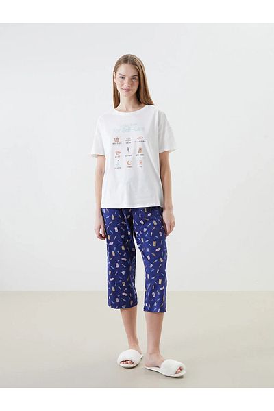 LC Waikiki Lcw Dream Navy Blue Crew Neck Printed Women's Capri Pajamas Set