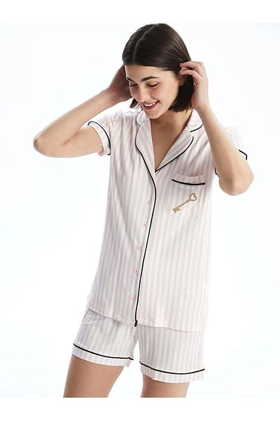 LC Waikiki Lcw Dream Ecru Shirt Collar Striped Women's Shorts Pajamas Set